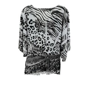 Design Works Women's Small Multi Animal Print Smocked Blouse Top Shirt Mob Wife